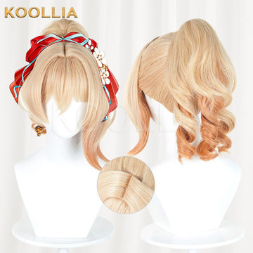 Multi-angle display of Genshin Impact Yoimiya Light Gold Gradient Curly High Ponytail Basic Wig