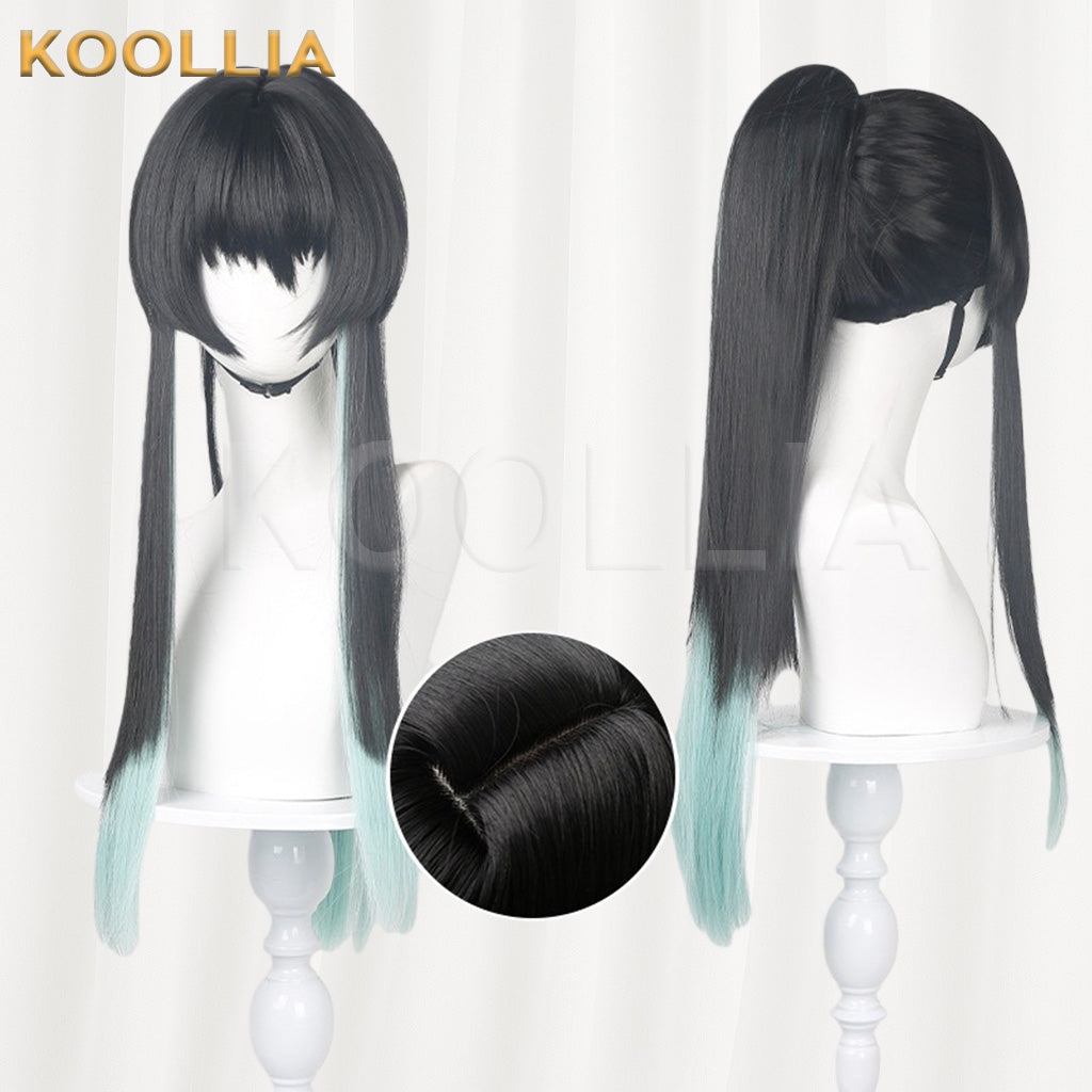 Demon Slayer Tokito Muichiro Black Teal Gradient High Ponytail Basic Wig