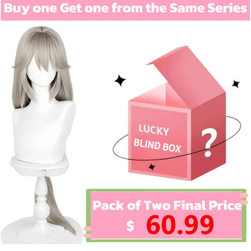 KOOLLIA Alexandrina Sebastiane cosplay wig front and side view on mannequin, with promotional banner: Buy one Get one from the Same Series, Lucky Blind Box, Pack of Two Final Price $60.99, color silver gray.