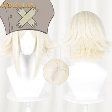 Koollia Gachiakuta Eisha Stilza short blonde cosplay wig, front and back view with cap detail