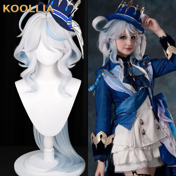 Koollia Genshin Impact Furina white to blue gradient cosplay wig on mannequin next to a cosplayer wearing the wig and Hydro Archon costume