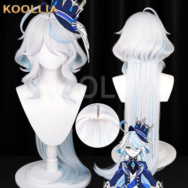 Koollia Furina cosplay wig set showing front and back views with inner cap detail and Genshin Impact character figure