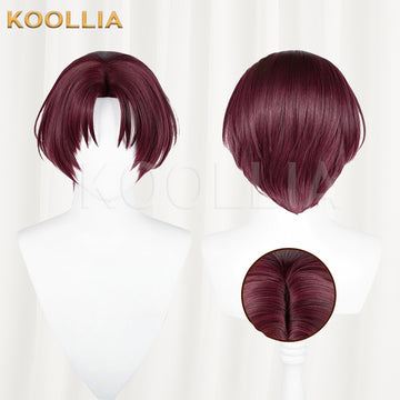 KOOLLIA Wind Breaker Hayato Suo cosplay wig shown on a mannequin from front and side angles. Short wine red layered cut with a long side-swept fringe covering the forehead and lighter red highlights throughout.