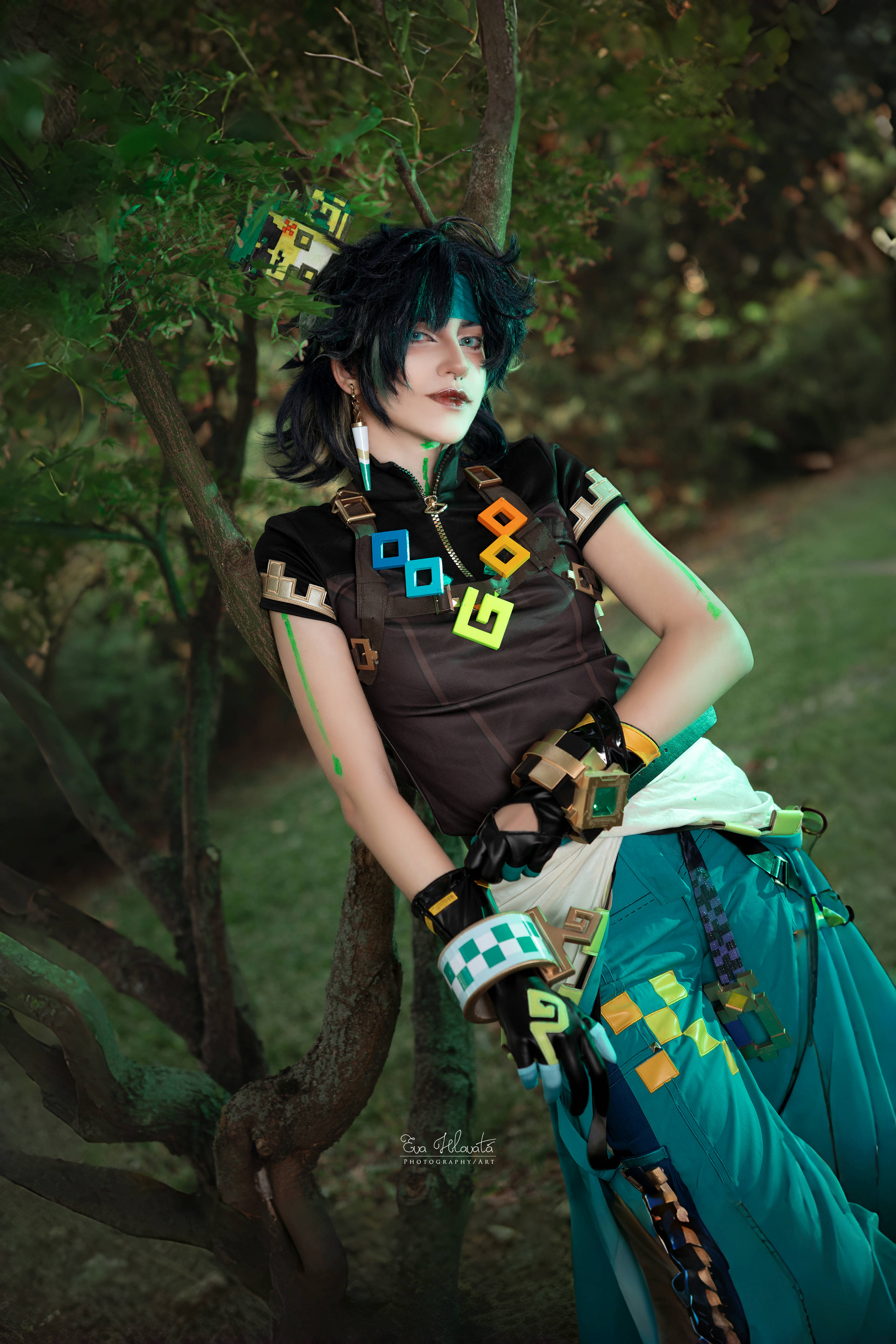 Genshin Impact Kinich Peruca curta azul escura básica