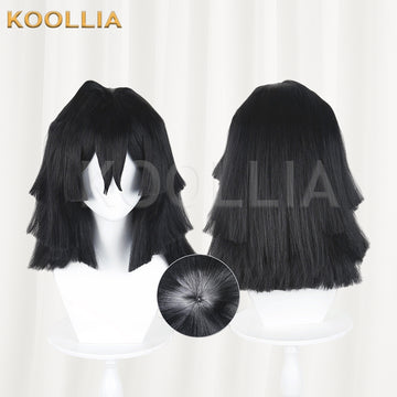 Front and back views of the Obanai Iguro cosplay wig from Demon Slayer, featuring medium-length layered black hair, sharp bangs, and a close-up inset of the top crown detail.