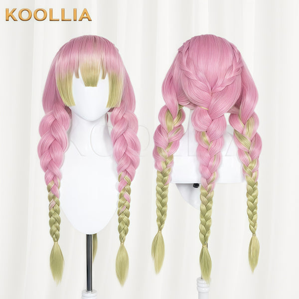 Front and back views of the long pink and green twin braid Mitsuri Kanroji cosplay wig from Demon Slayer styled on white mannequin heads.