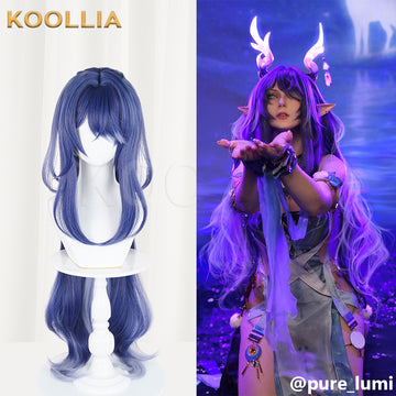 Koollia Genshin Impact Lauma long blue gradient cosplay wig on mannequin next to a cosplayer wearing the styled wig with glowing horns and pointed ears