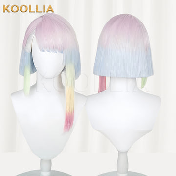 Front and back views of the pastel multicolored Lucyna Kushinada cosplay bob wig from Cyberpunk: Edgerunners styled on white mannequin heads.