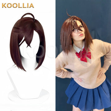 Momo Ayase cosplay wig from Dandadan, displaying the styled brown bob with a signature cowlick (ahoge) on a mannequin alongside a cosplayer modeling the final look in a school uniform.