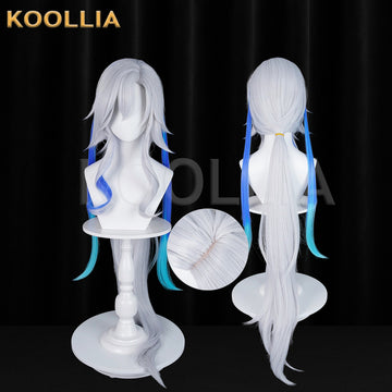 Multi-angle display of Genshin Impact Neuvillette Lantern Rite long silver blue hair basic wig