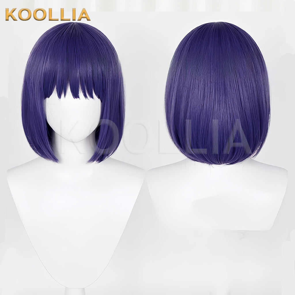Shizuku Kuroe short purple cosplay wig front and back view