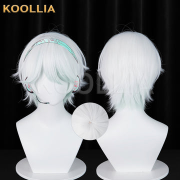 Multi-angle display of Virtual Singer Yan He short white green hair basic wig