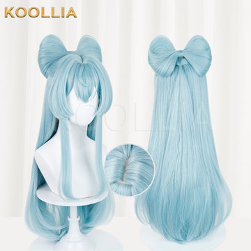 Multi-angle display of Genshin Impact Yumemizuki Mizuki long blue hair basic wig