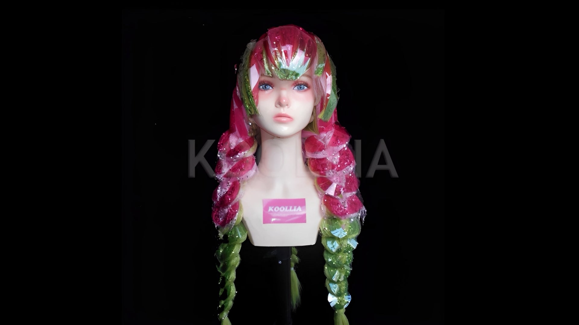 "Professional Demon Slayer Mitsuri Kanroji cosplay wig by Koollia, featuring a pre-styled pink and green gradient braid texture on a mannequin torso with a black background."