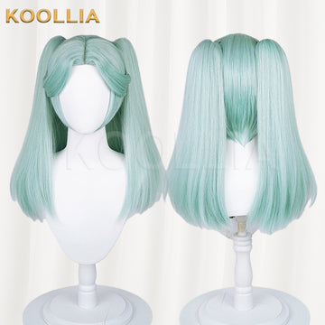 Front and back views of the mint green Rebecca cosplay wig from Cyberpunk: Edgerunners, featuring a short bob base with integrated twin ponytails, styled on white mannequin heads.