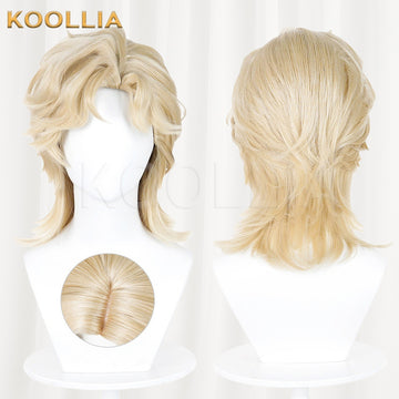 Identity V Knight cosplay wig product display, showing a side-by-side front and back view of the light blonde short wolf cut style. Features a circular inset highlighting the realistic top hair part skin top against a clean white background.