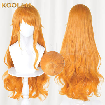 One Piece Nami cosplay wig product display, showing a side-by-side view of the front and back style. Features a circular inset highlighting the realistic top whirlpool hair crown. The long wig is in a vibrant orange-yellow color with wavy ends.