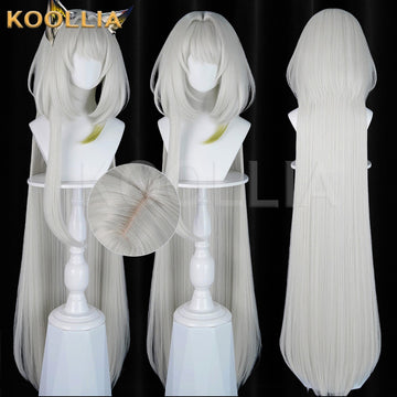 Arknights Kal'tsit cosplay wig product display, showing a multi-angle combination of front views with and without character hair styling, and a full-length back view. Features a circular inset highlighting the realistic top hair part skin top against a dark background.