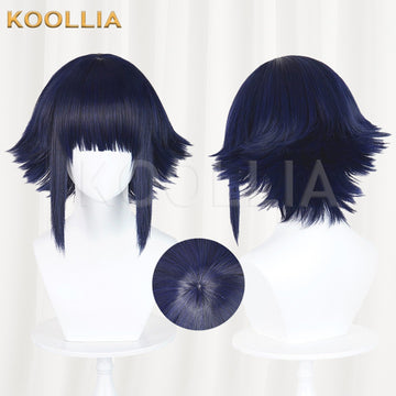 A composite product image of a navy blue cosplay wig on white mannequins. The left side shows a front view with straight hime-cut bangs and longer face-framing side strands, the right side shows a three-quarter back view of the short, flared layers, and a small circular inset highlights the center whorl skin top parting at the crown.