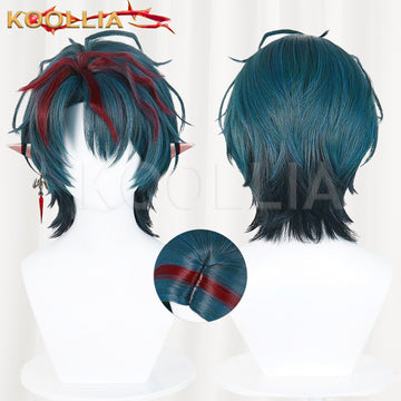 A composite product image of a teal gradient cosplay wig with bright red highlights on white mannequins. The left view shows the front with styled choppy bangs, red streaks on top, and an attached earring accessory. The right view displays the back of the short textured cut with black undertones, and a circular inset focuses on the top skin parting.