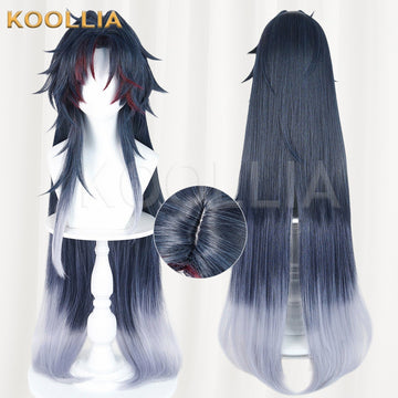 A composite product image of a long, dark blue and black cosplay wig on white mannequins. The left half displays a front view with spiky, layered bangs featuring deep red highlights near the face, the right half shows the full back view ending in a light grey-blue gradient tip, and a small circular inset highlights the skin parting at the top crown.