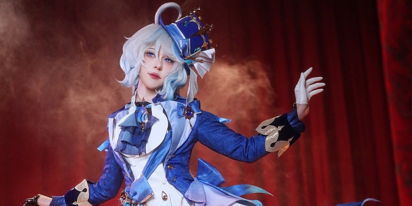 High-quality Furina cosplay costume from Genshin Impact by Koollia, featuring the Hydro Archon blue outfit, top hat, and wig on a dramatic stage background