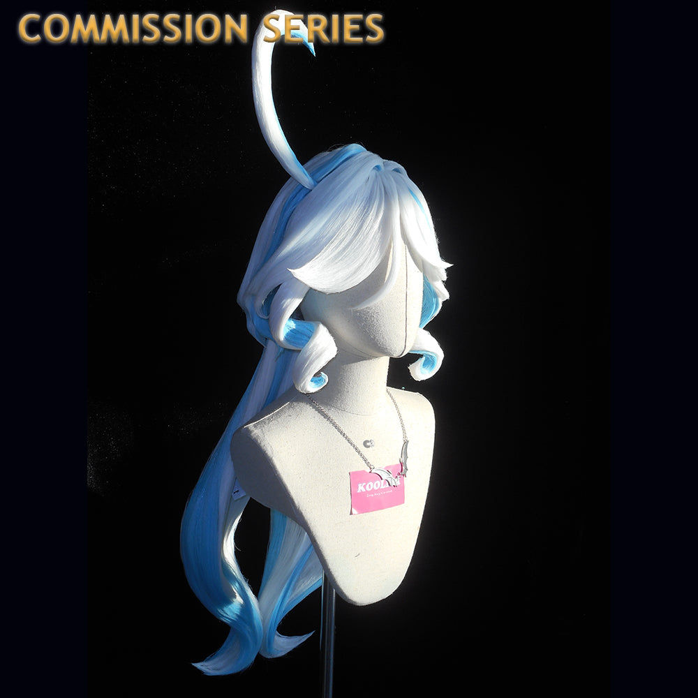 "Premium Genshin Impact Furina cosplay wig from the Koollia Commission Series, featuring styled white and light blue gradient hair with a prominent ahoge on a mannequin."