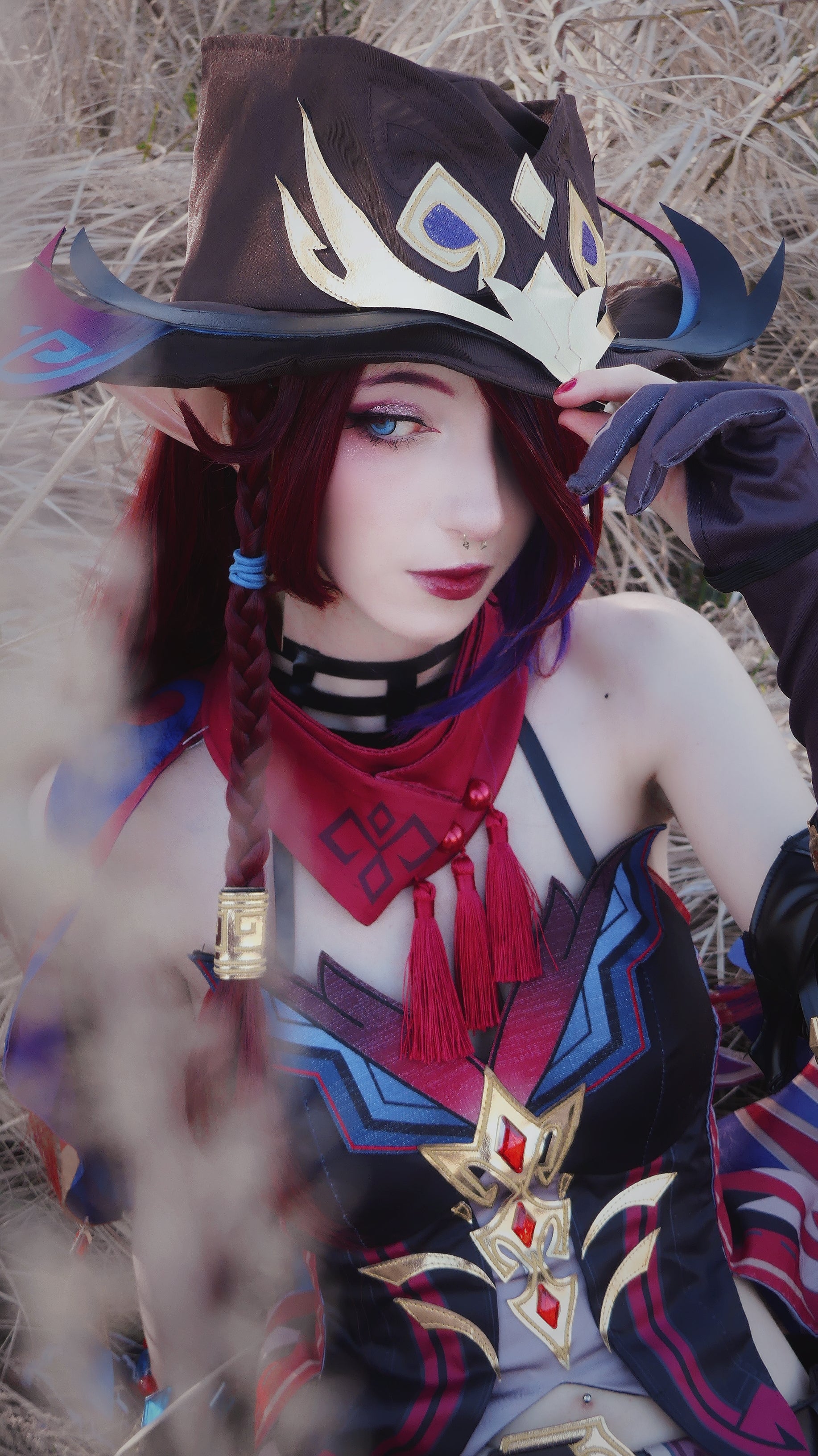 Genshin Impact Chasca Long Red Purple Hair Basic Wig