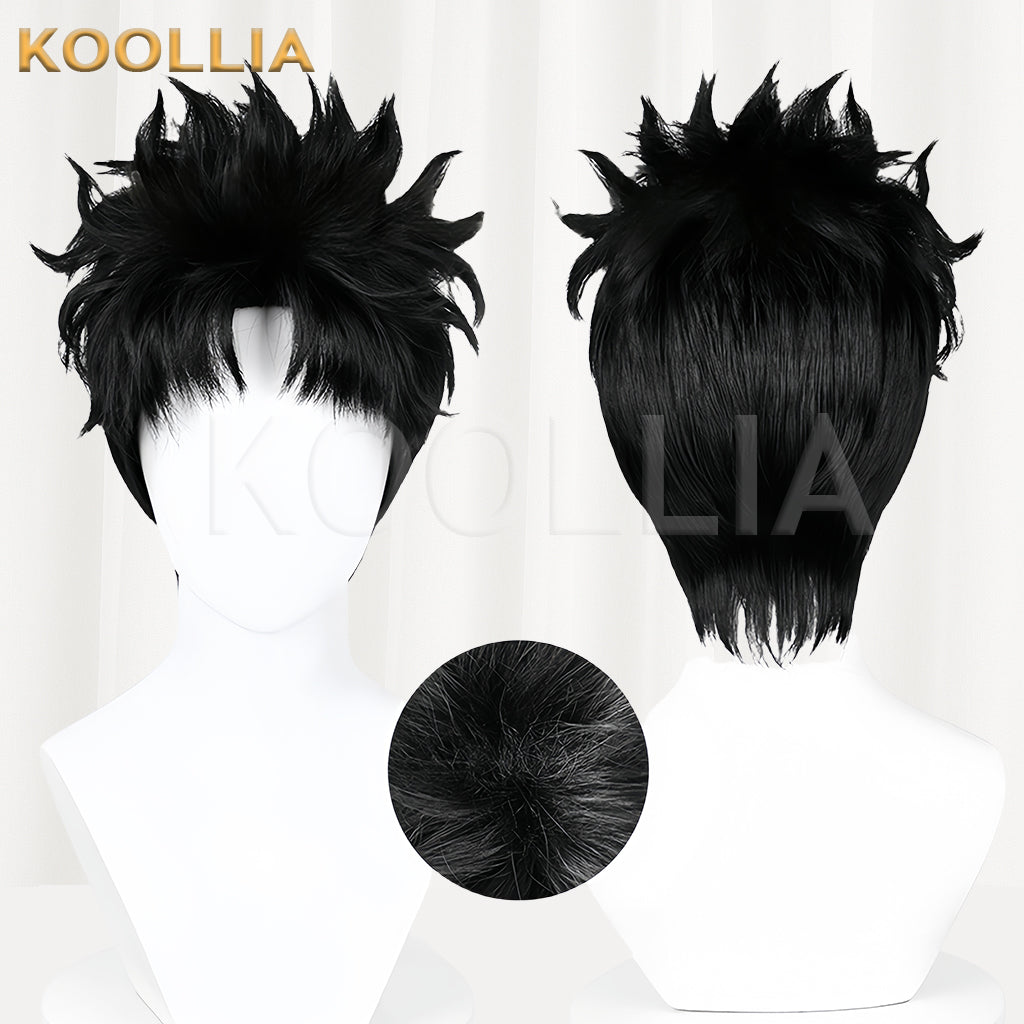 Front and back views of the Ken Takakura Okarun cosplay wig from Dandadan, featuring styled black spiky hair and a close-up inset of the crown details.