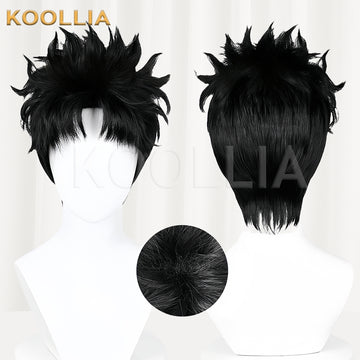 Front and back views of the Ken Takakura Okarun cosplay wig from Dandadan, featuring styled black spiky hair and a close-up inset of the crown details.