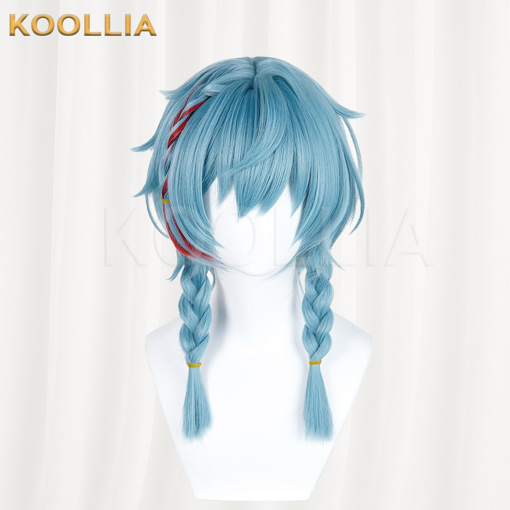 Supernatural Task Force A Nian Ice Blue Wig Pre‑Braided Twin Braids Red Highlight Realistic Scalp Top Basic Wig