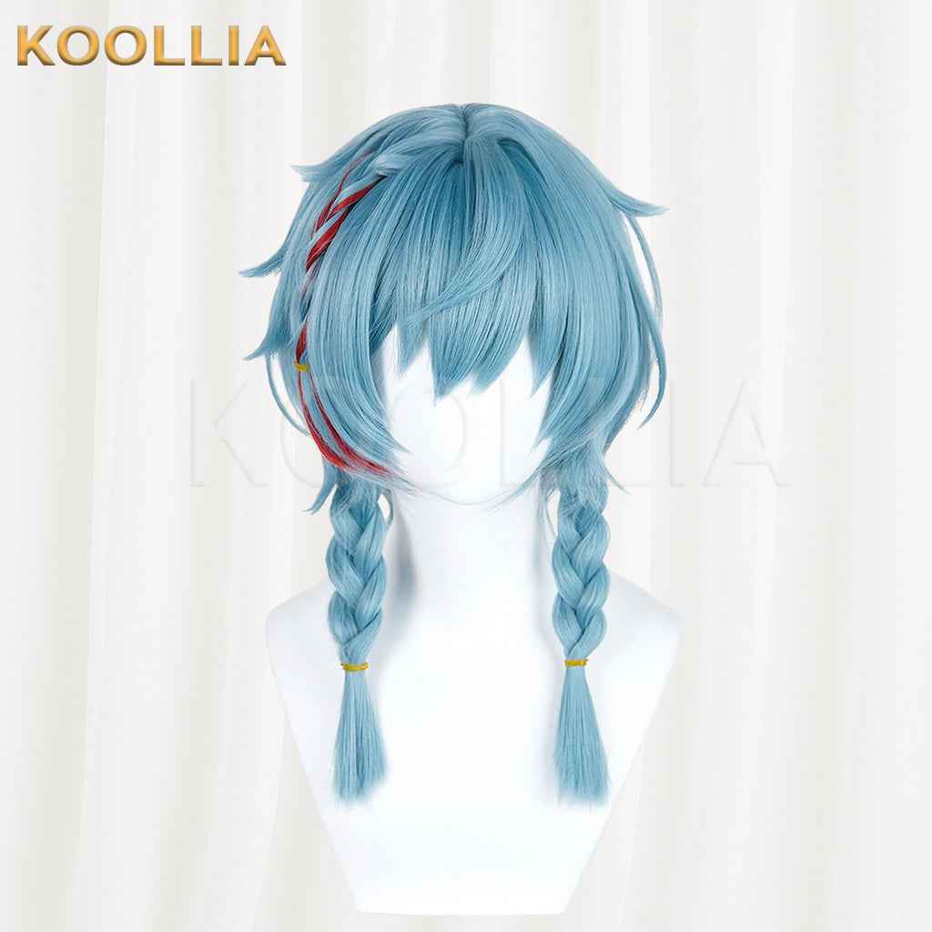 Supernatural Task Force A Nian Ice Blue Wig Pre‑Braided Twin Braids Red Highlight Realistic Scalp Top Basic Wig