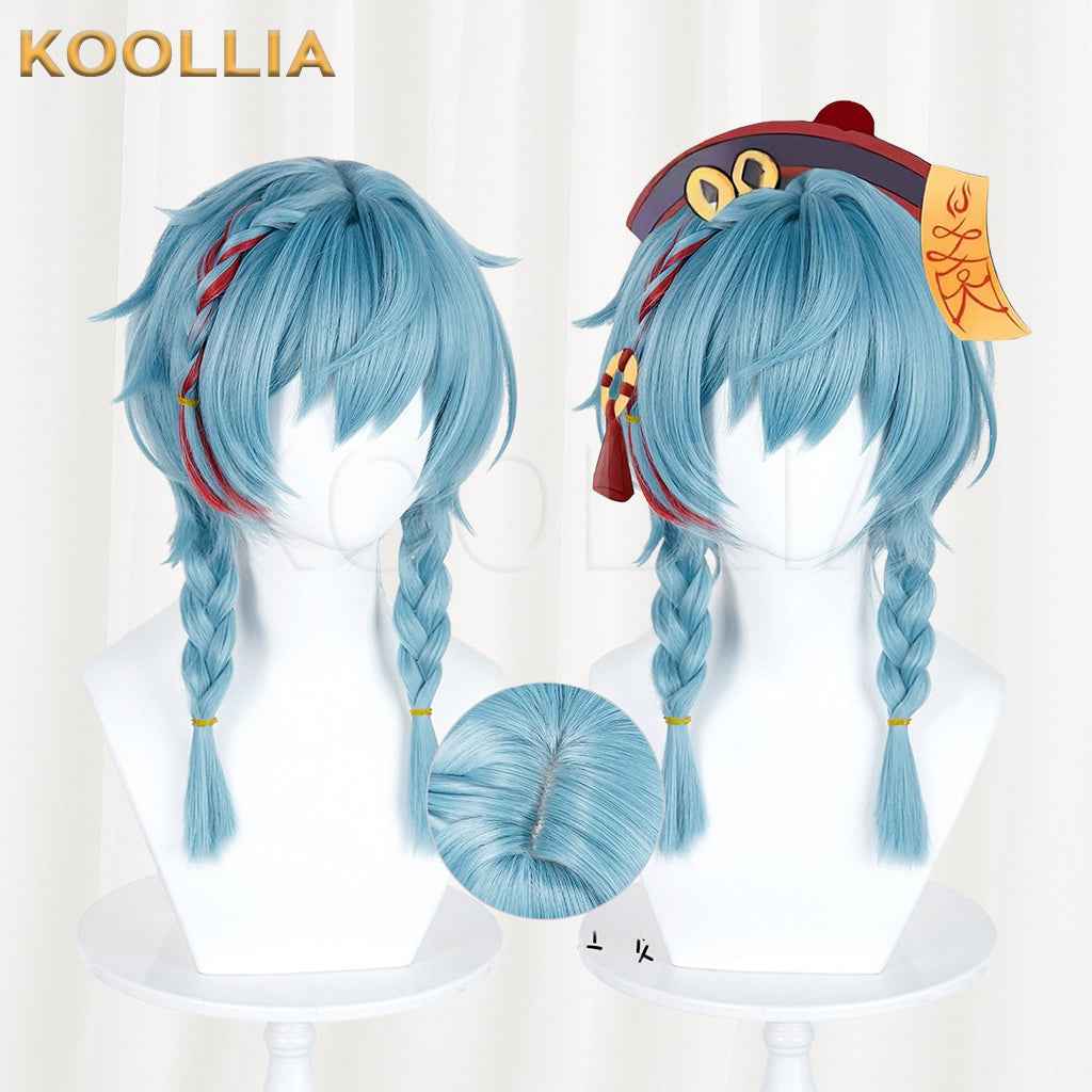 Supernatural Task Force A Nian Ice Blue Wig Pre‑Braided Twin Braids Red Highlight Realistic Scalp Top Basic Wig