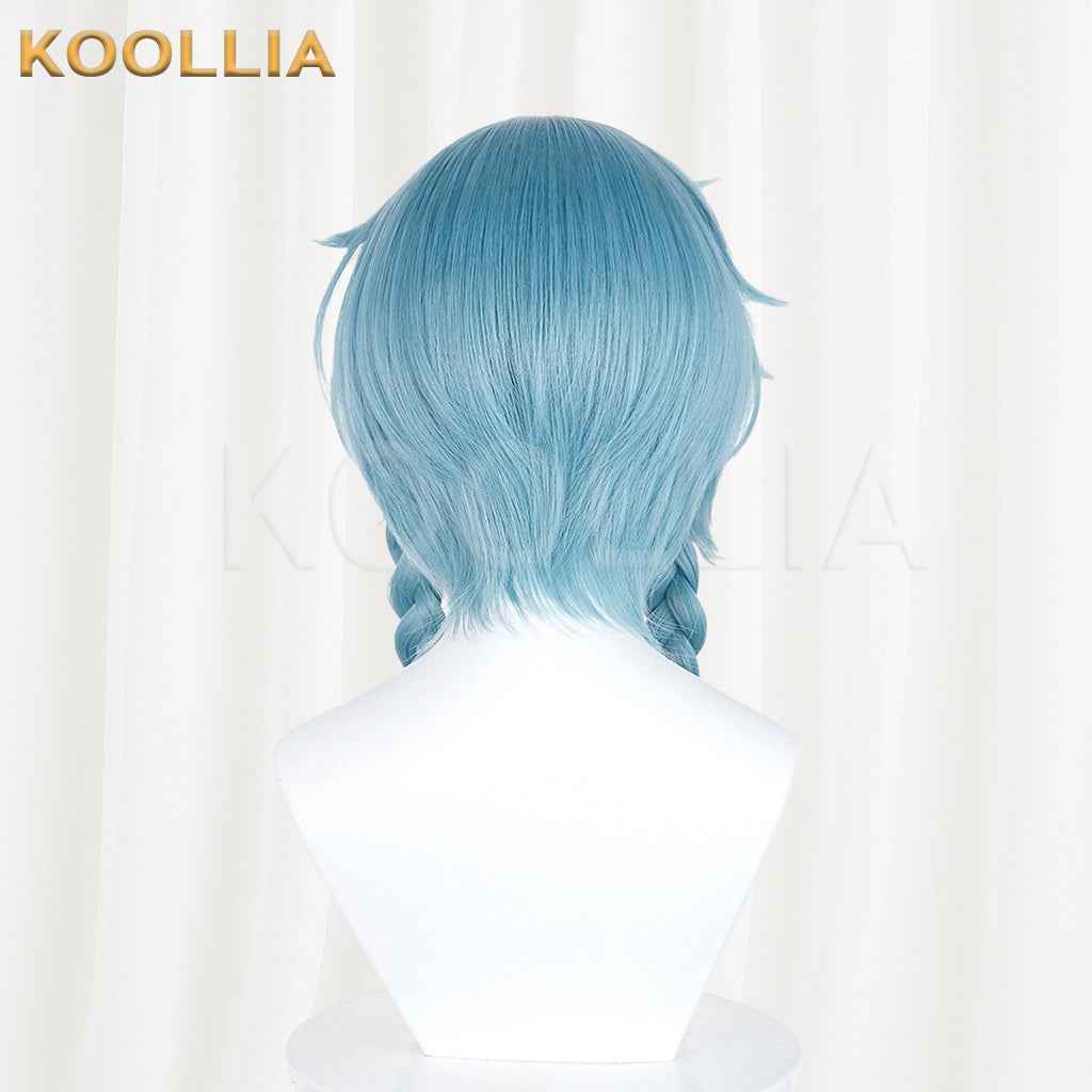 Supernatural Task Force A Nian Ice Blue Wig Pre‑Braided Twin Braids Red Highlight Realistic Scalp Top Basic Wig