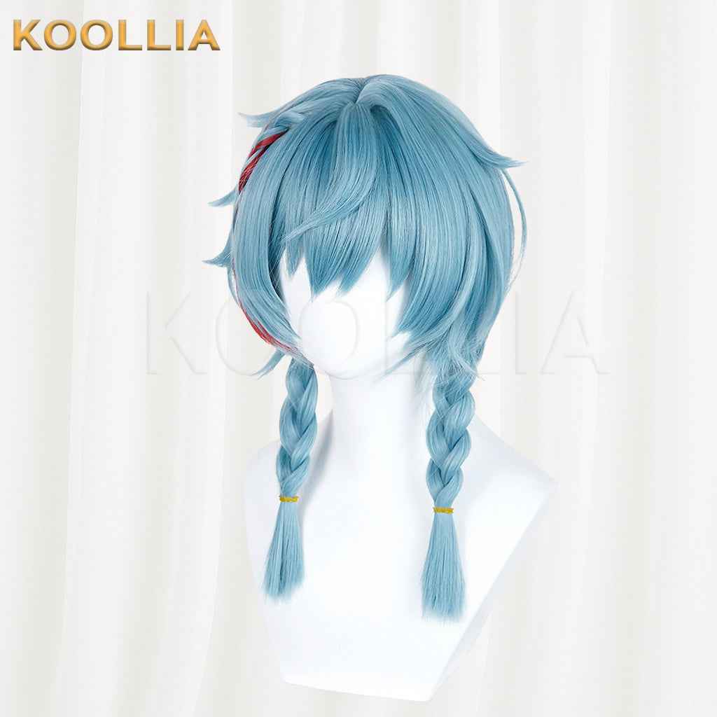 Supernatural Task Force A Nian Ice Blue Wig Pre‑Braided Twin Braids Red Highlight Realistic Scalp Top Basic Wig