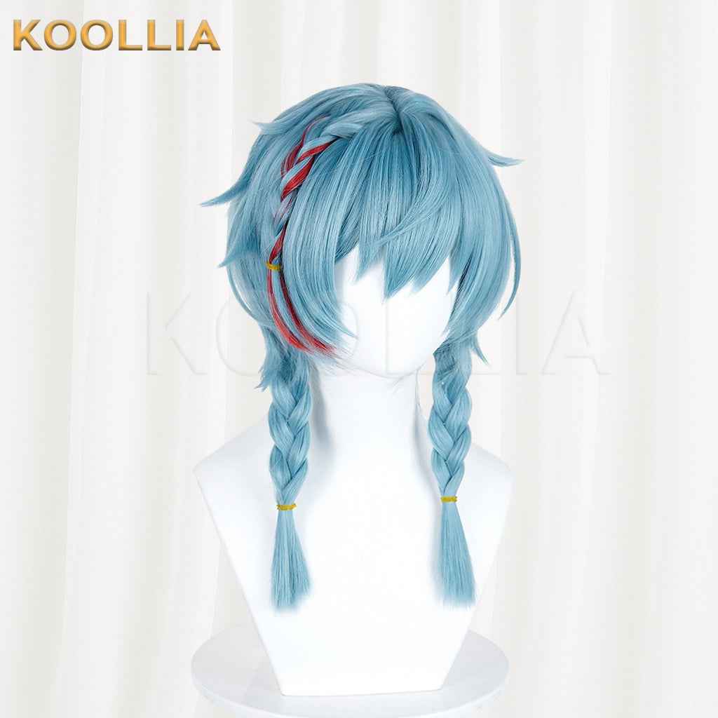 Supernatural Task Force A Nian Ice Blue Wig Pre‑Braided Twin Braids Red Highlight Realistic Scalp Top Basic Wig