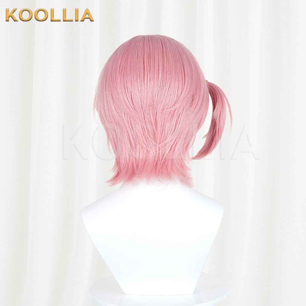 Genshin Impact Charlotte Hellock Variation Sakura Pink Short Wig Detachable Tiger Clip Mini Ponytail Realistic Scalp Top Basic Wig