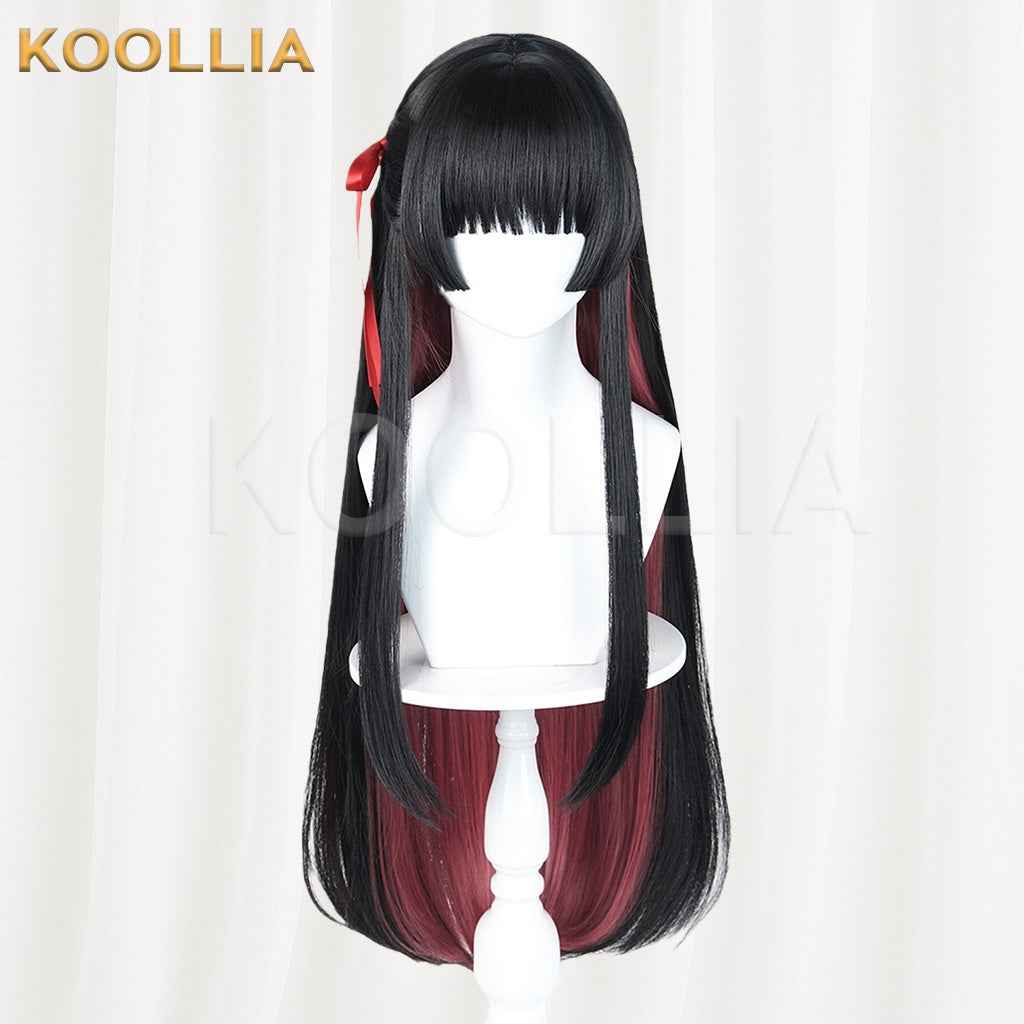 Wuthering Waves Chisaki Black Burgundy Gradient Long Straight Wig With Red Ribbons Basic Wig