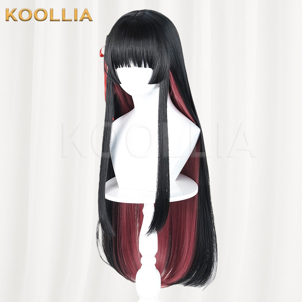 Wuthering Waves Chisaki Black Burgundy Gradient Long Straight Wig With Red Ribbons Basic Wig