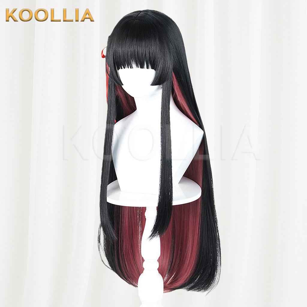 Wuthering Waves Chisaki Black Burgundy Gradient Long Straight Wig With Red Ribbons Basic Wig