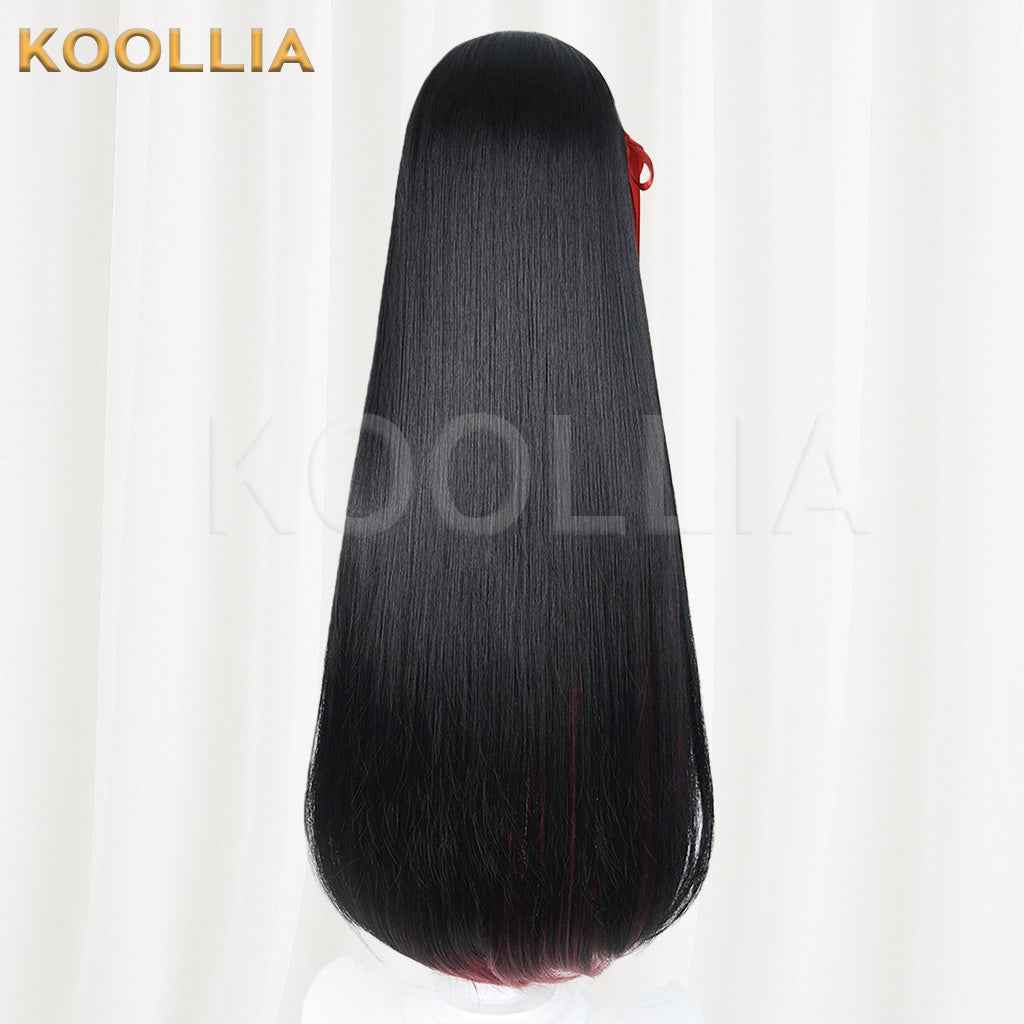 Wuthering Waves Chisaki Black Burgundy Gradient Long Straight Wig With Red Ribbons Basic Wig