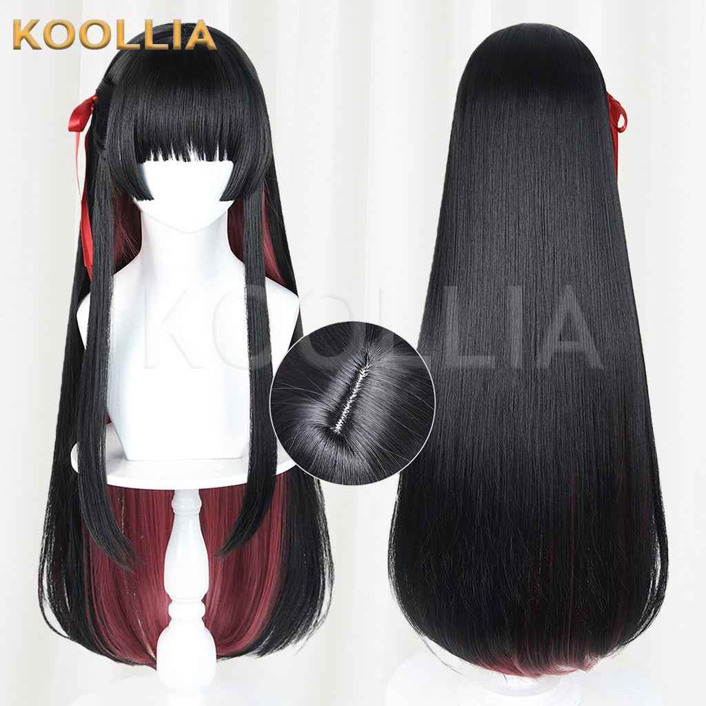 Wuthering Waves Chisaki Black Burgundy Gradient Long Straight Wig With Red Ribbons Basic Wig
