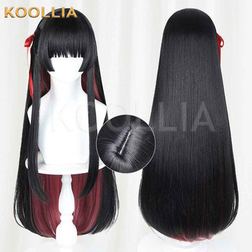 Wuthering Waves Chisaki Black Burgundy Gradient Long Straight Wig With Red Ribbons Basic Wig