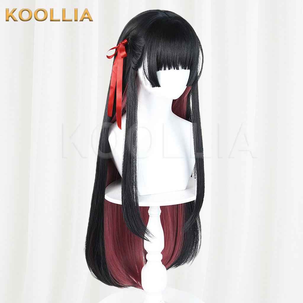 Wuthering Waves Chisaki Black Burgundy Gradient Long Straight Wig With Red Ribbons Basic Wig