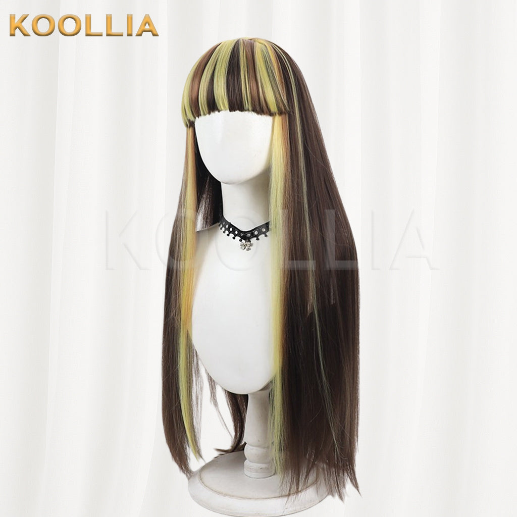 Monster High Cleo de Nile Wig Dark Brown Lemon Yellow Long Straight Basic Wig
