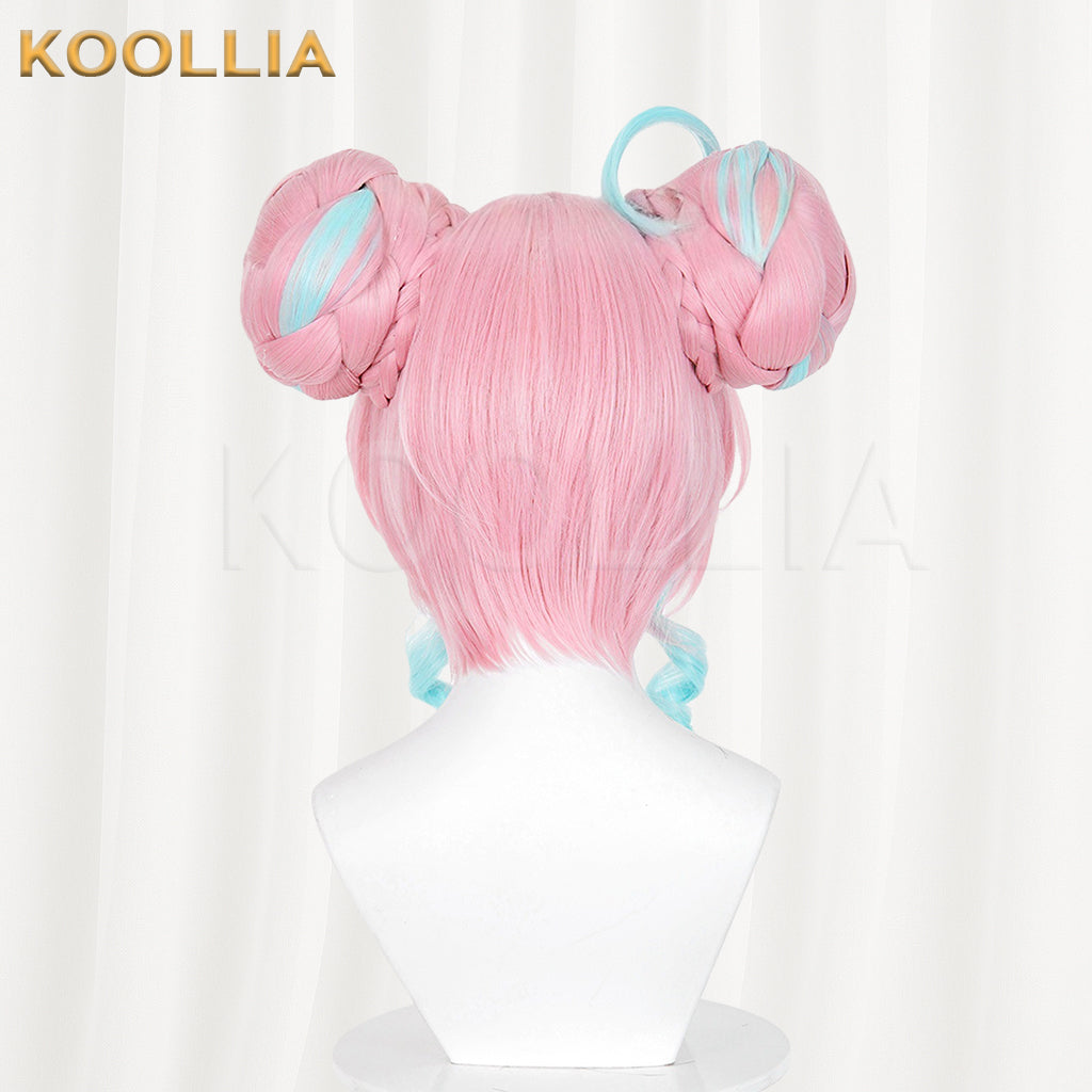 Honkai Star Rail Fengjin Wig Pink Blue Highlight Twin Braided Buns Basic Wig