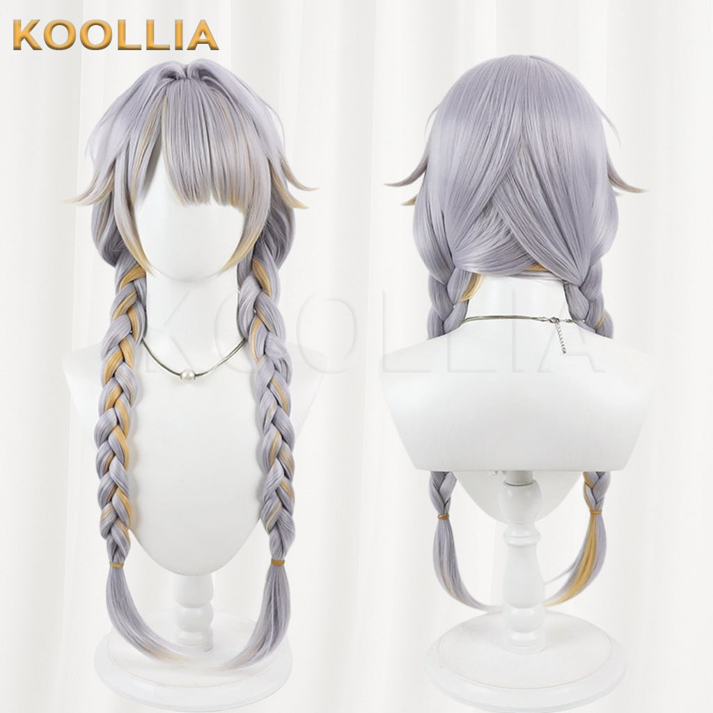 Vtuber Kannagi Ruri Silver Gray Long Twin Braids Wig With Gold Highlights Basic Wig