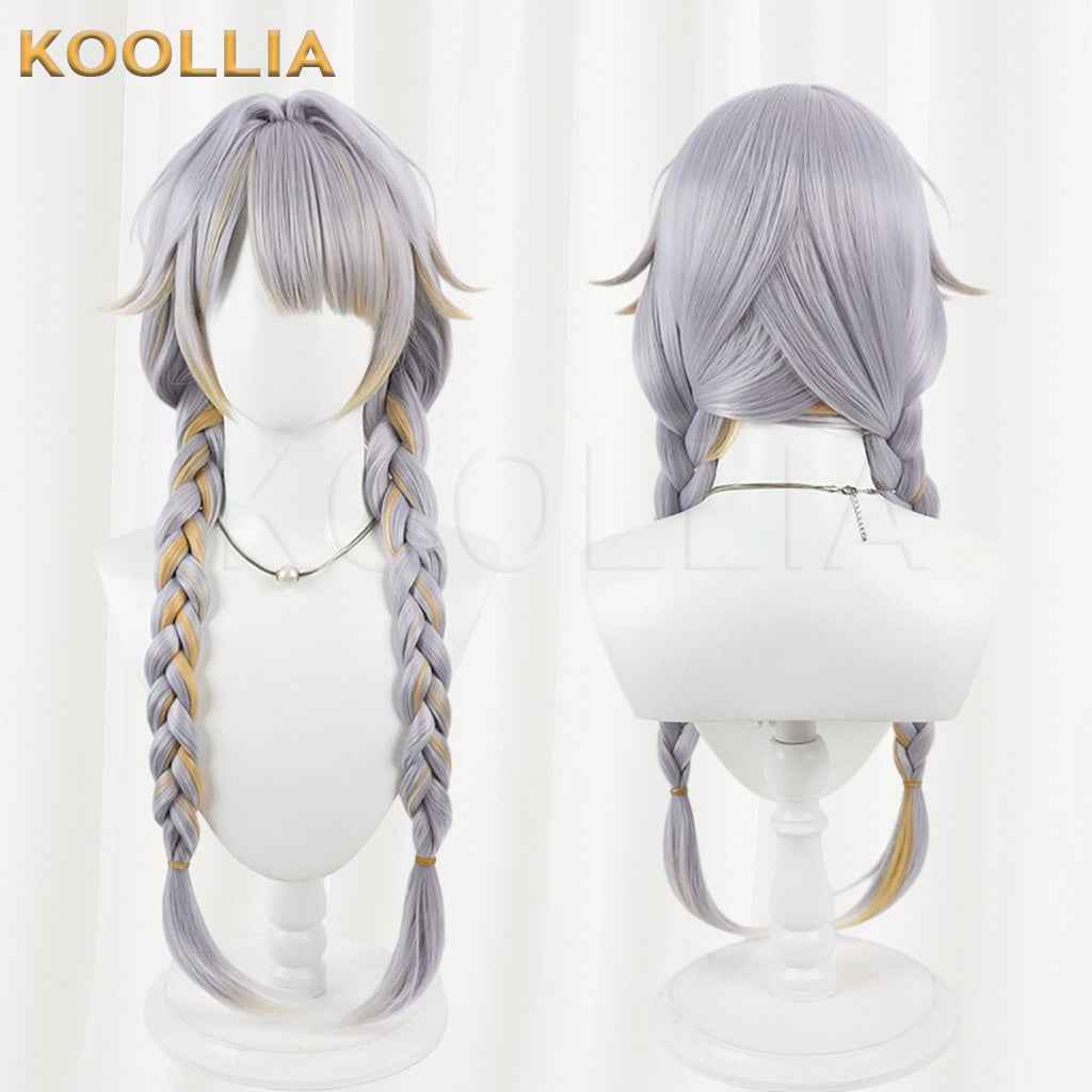 Vtuber Kannagi Ruri Silver Gray Long Twin Braids Wig With Gold Highlights Basic Wig