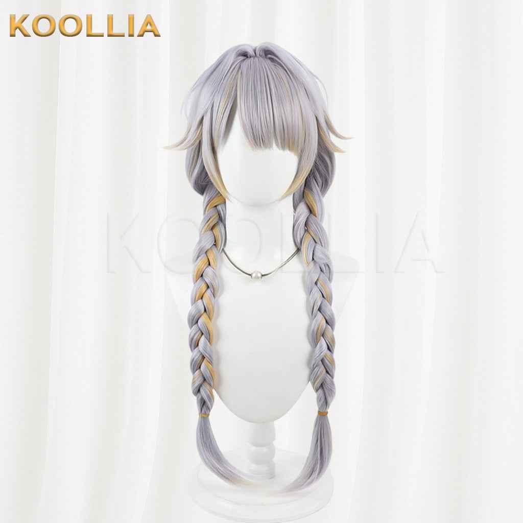 Vtuber Kannagi Ruri Silver Gray Long Twin Braids Wig With Gold Highlights Basic Wig