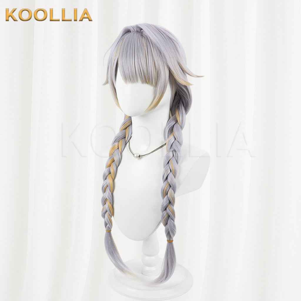 Vtuber Kannagi Ruri Silver Gray Long Twin Braids Wig With Gold Highlights Basic Wig